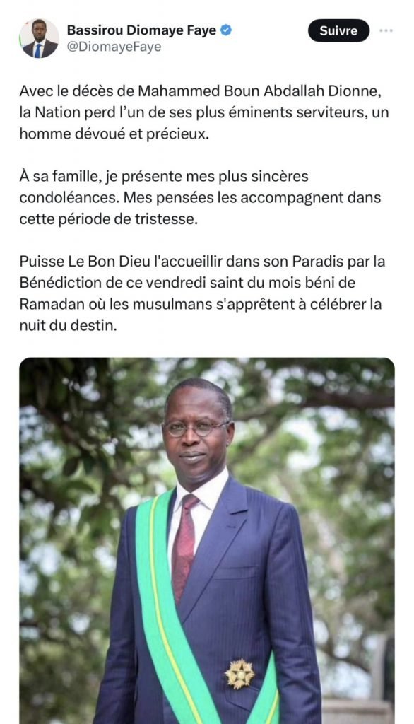 Décès de l’ancien Premier ministre Mahammed Boun Abdallah Dionne :