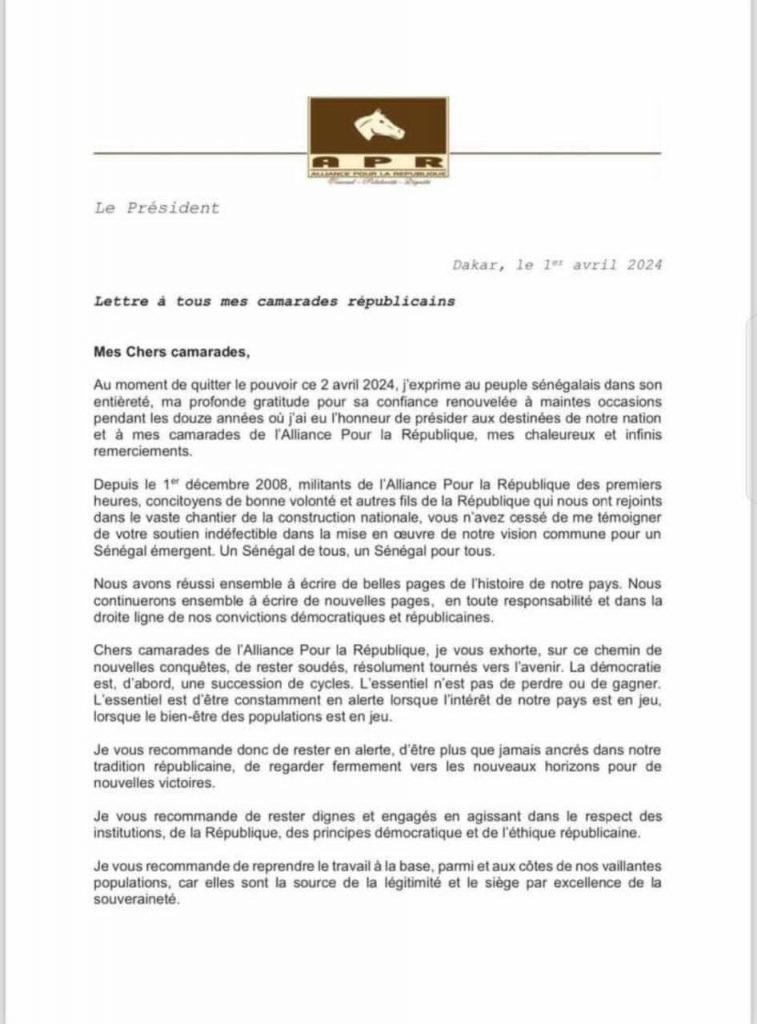 Lettre d’adieu du Président Macky Sall